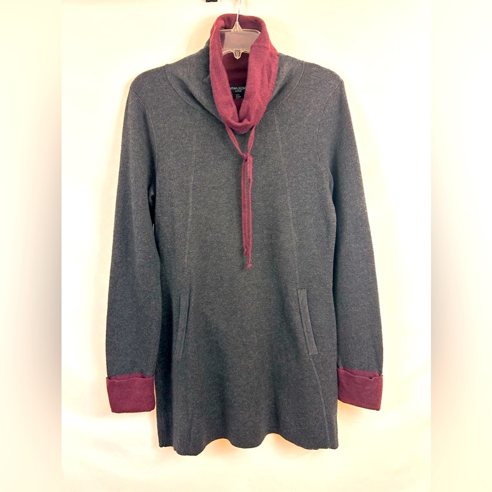 Cynthia Rowley Cowl Neck Heather Gray & Burgundy Sweater Dress Medium